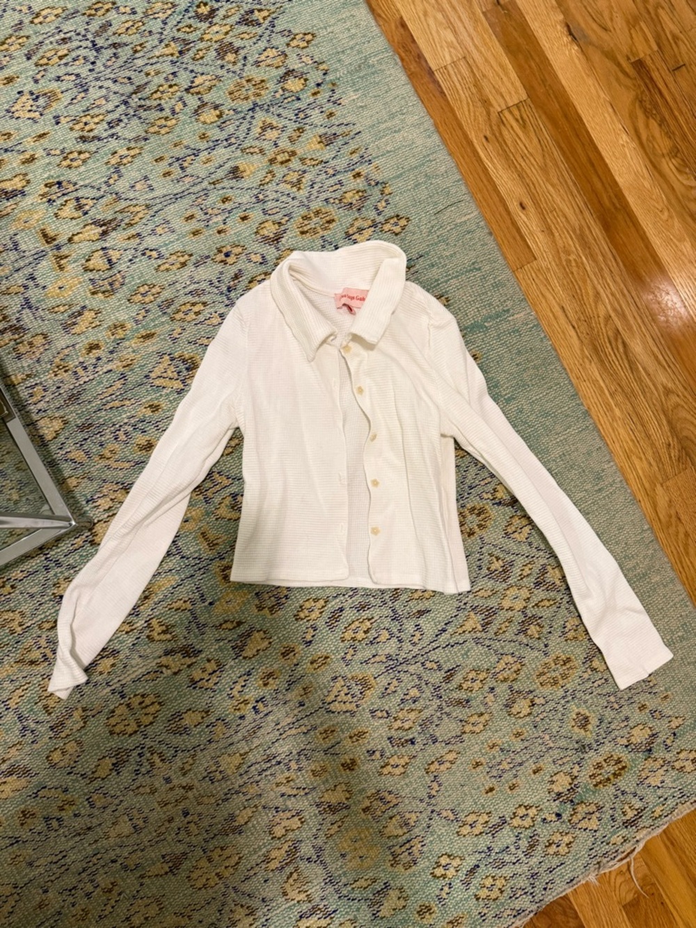 Lisa Says Gah Cream Waffle Knit Button-Down Collared Top